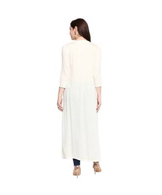 White Self Designed Floral 3/4th Sleeves Rayon Straight Long Kurti 4