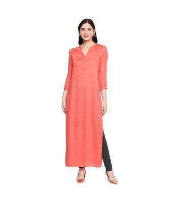 Coral Self Designed Floral 3/4th Sleeves Rayon Straight Long Kurti 1