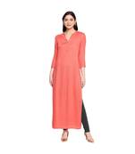 Coral Self Designed Floral 3/4th Sleeves Rayon Straight Long Kurti