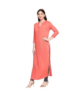 Coral Self Designed Floral 3/4th Sleeves Rayon Straight Long Kurti 2