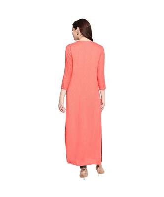 Coral Self Designed Floral 3/4th Sleeves Rayon Straight Long Kurti 4
