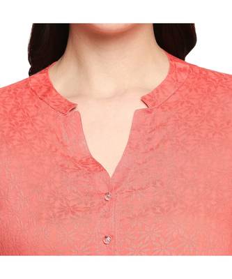 Coral Self Designed Floral 3/4th Sleeves Rayon Straight Long Kurti 5