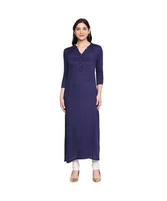 Navy Self Designed Floral 3/4th Sleeves Rayon Straight Long Kurti 1