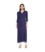 Navy Self Designed Floral 3/4th Sleeves Rayon Straight Long Kurti