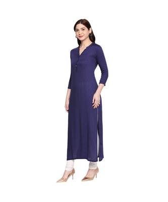 Navy Self Designed Floral 3/4th Sleeves Rayon Straight Long Kurti 2