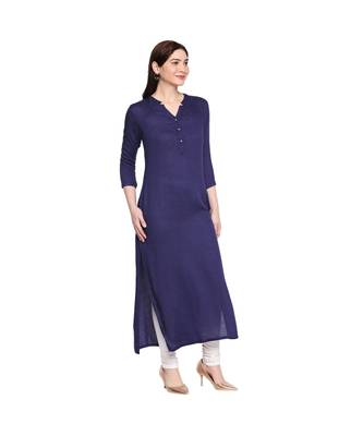 Navy Self Designed Floral 3/4th Sleeves Rayon Straight Long Kurti 3