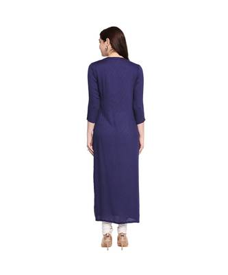Navy Self Designed Floral 3/4th Sleeves Rayon Straight Long Kurti 4