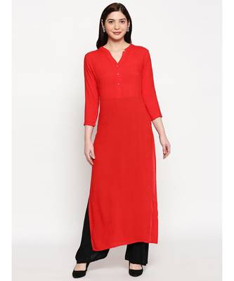 Red Self Designed Floral 3/4th Sleeves Rayon Straight Long Kurti 1