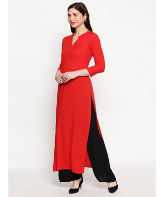 Red Self Designed Floral 3/4th Sleeves Rayon Straight Long Kurti 2