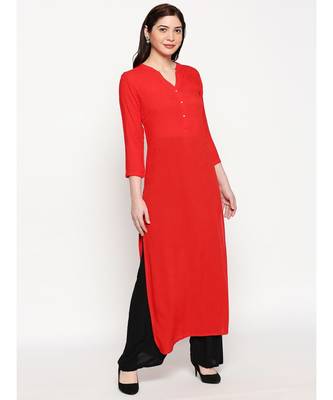 Red Self Designed Floral 3/4th Sleeves Rayon Straight Long Kurti 3