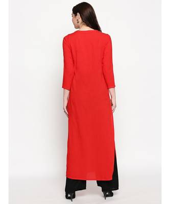 Red Self Designed Floral 3/4th Sleeves Rayon Straight Long Kurti 4