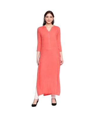 Coral Self Designed Floral 3/4th Sleeves Rayon Straight Long Kurti 1