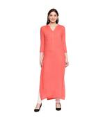 Coral Self Designed Floral 3/4th Sleeves Rayon Straight Long Kurti