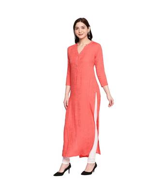 Coral Self Designed Floral 3/4th Sleeves Rayon Straight Long Kurti 2