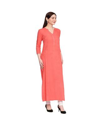Coral Self Designed Floral 3/4th Sleeves Rayon Straight Long Kurti 3