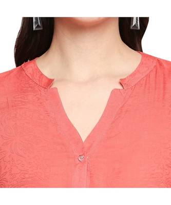 Coral Self Designed Floral 3/4th Sleeves Rayon Straight Long Kurti 5