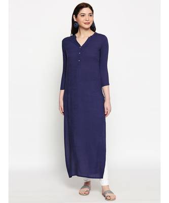 Navy Self Designed Floral 3/4th Sleeves Rayon Straight Long Kurti 1