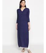 Navy Self Designed Floral 3/4th Sleeves Rayon Straight Long Kurti