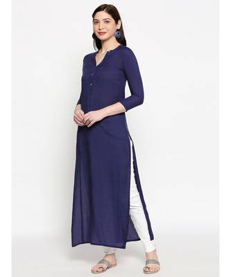 Navy Self Designed Floral 3/4th Sleeves Rayon Straight Long Kurti 2