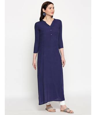 Navy Self Designed Floral 3/4th Sleeves Rayon Straight Long Kurti 3