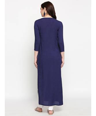 Navy Self Designed Floral 3/4th Sleeves Rayon Straight Long Kurti 4