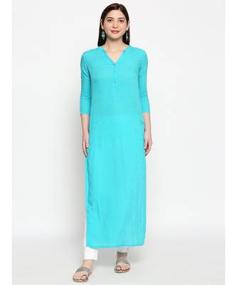 Blue Self Designed Floral 3/4th Sleeves Rayon Straight Long Kurti 1