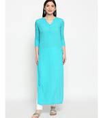 Blue Self Designed Floral 3/4th Sleeves Rayon Straight Long Kurti