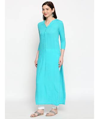 Blue Self Designed Floral 3/4th Sleeves Rayon Straight Long Kurti 2