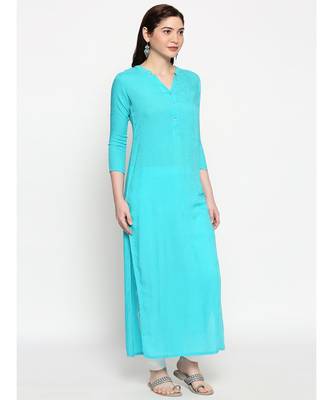 Blue Self Designed Floral 3/4th Sleeves Rayon Straight Long Kurti 3