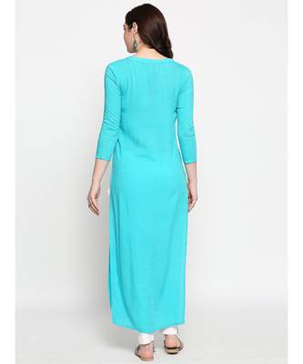 Blue Self Designed Floral 3/4th Sleeves Rayon Straight Long Kurti 4
