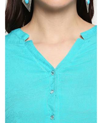Blue Self Designed Floral 3/4th Sleeves Rayon Straight Long Kurti 5