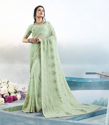 Light green embroidered faux georgette saree with blouse 1