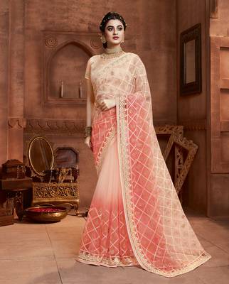 Cream embroidered net saree with blouse 1