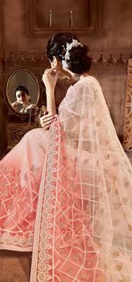 Cream embroidered net saree with blouse 2