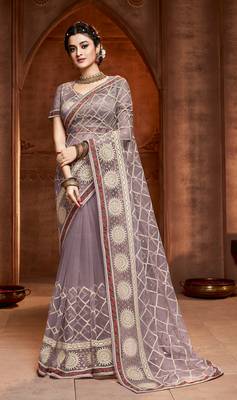 Grey embroidered net saree with blouse 1