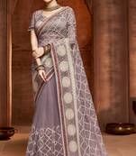 Grey embroidered net saree with blouse