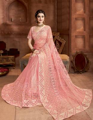 Peach embroidered net saree with blouse 2