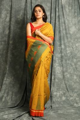 Yellow woven blended cotton saree with blouse 1