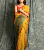 Yellow woven blended cotton saree with blouse