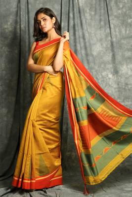 Yellow woven blended cotton saree with blouse 2