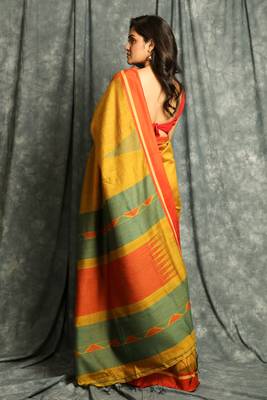 Yellow woven blended cotton saree with blouse 3
