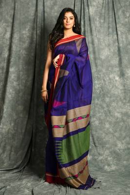 Navy blue woven blended cotton saree with blouse 1