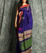 Navy blue woven blended cotton saree with blouse