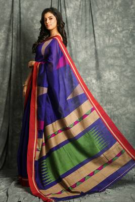 Navy blue woven blended cotton saree with blouse 2
