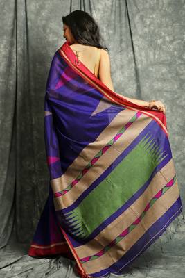 Navy blue woven blended cotton saree with blouse 3