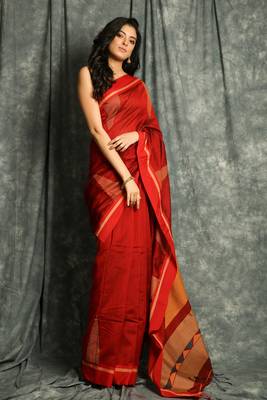 Red woven blended cotton saree with blouse 1