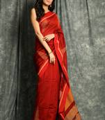 Red woven blended cotton saree with blouse
