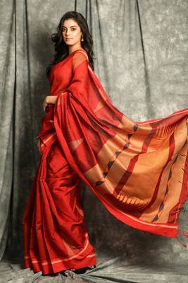 Red woven blended cotton saree with blouse 2