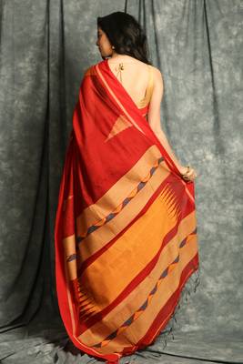 Red woven blended cotton saree with blouse 3
