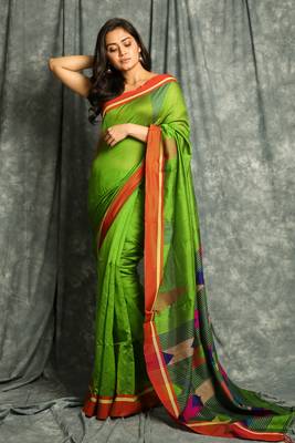 Green woven blended cotton saree with blouse 1